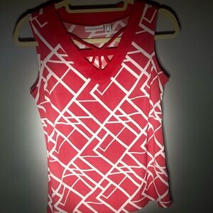 Susan graver red and white sleeveless blouse.